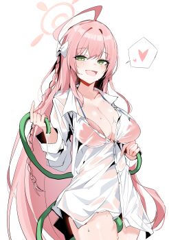 1girl :d absurdres ahoge bikini blue_archive blush braid breasts green_eyes halo hanako_(blue_archive) hanako_(swimsuit)_(blue_archive) heart highres holding holding_hose hose large_breasts long_hair looking_at_viewer official_alternate_costume open_mouth pink_bikini pink_hair plentyofempty shirt single_braid smile solo spoken_heart swimsuit very_long_hair wet wet_clothes wet_shirt white_shirt