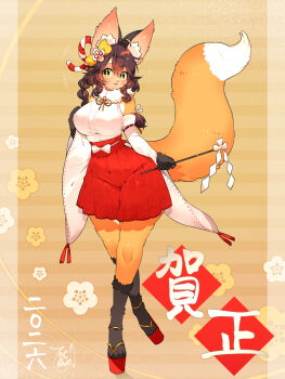 1girl animal_ear_fluff animal_ears animal_nose braid breasts brown_hair detached_sleeves fox_ears fox_girl fox_tail full_body furry furry_female green_eyes highres japanese_clothes large_breasts long_hair miko orange_fur original red_skirt single_braid skirt sleeveless solo standing tail toconikky wide_sleeves