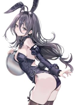 1girl absurdres animal_ears ass bare_shoulders black_bow black_bowtie black_hair black_leotard bow bowtie breasts brown_thighhighs cleavage closed_mouth detached_sleeves expressionless fake_animal_ears fake_tail floating_hair from_side hair_between_eyes highres holding holding_tray kimishima_ayano leotard long_hair long_hair_between_eyes long_sleeves looking_at_viewer momoko_(momopoco) official_art playboy_bunny rabbit_ears rabbit_tail second-party_source simple_background solo standing tail thighhighs tokidoki_bosotto_roshia-go_de_dereru_tonari_no_alya-san tray white_background