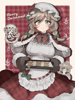 1girl :d ^_^ ahoge apron blush border bow braid breasts brown_border brown_hair capelet chibi closed_eyes closed_mouth collared_shirt commentary_request cookie dress_shirt food frilled_apron frills fur-trimmed_capelet fur-trimmed_skirt fur-trimmed_sleeves fur_trim green_bow green_eyes grey_hat grey_shirt hair_between_eyes hair_bow hat highres large_breasts long_sleeves low_twintails merry_christmas mob_cap multiple_views nanase_chiori open_mouth original outline oven_mitts plaid_background plaid_capelet plaid_clothes plaid_skirt red_capelet red_skirt shirt skirt smile standing twin_braids twintails white_apron white_outline