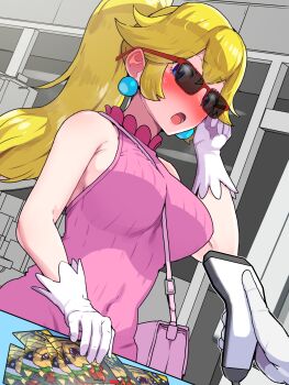 1girl 1other :o alternate_costume bag barcode_scanner bare_arms bare_shoulders between_breasts blonde_hair blue_eyes blush boris_(noborhys) bowser breasts bright_pupils commentary_request convenience_store covered_navel cowboy_shot double-parted_bangs dress dutch_angle ear_blush earrings embarrassed full-face_blush gloves hair_between_eyes halter_shirt halterneck hand_in_own_hair handbag highres impossible_clothes impossible_dress impossible_sweater indoors jewelry large_breasts large_variant_set looking_at_viewer looking_down mario_(series) nintendo open_mouth paid_reward_available pink_bag pink_dress ponytail pov pov_hands princess_peach ribbed_sweater shop shoulder_blush sideboob sideways_glance sleeveless small_sweatdrop solo_focus sphere_earrings strap_between_breasts sunglasses surprised sweater sweater_dress tight_clothes twirling_hair variant_set white_gloves white_pupils