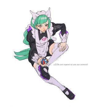 1girl 91007 apron black_romper blunt_bangs bow bowtie braid braided_ponytail commentary great_ball green_hair highres juliet_sleeves lebanne_(pokemon) long_braid long_hair long_sleeves maid maid_apron maid_headdress nintendo poke_ball pokemon pokemon_legends:_z-a puffy_sleeves romper solo thighhighs tsurime white_background white_bow white_bowtie white_thighhighs