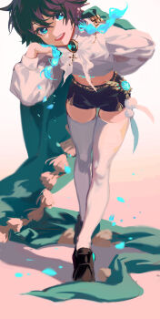 1boy absurdres anemo_symbol_(genshin_impact) ascot black_hair black_shoes black_shorts blue_hair braid cape chest_tattoo fridaynightcat full_body genshin_impact glowing glowing_tattoo gradient_hair green_cape highres holding holding_own_hair leaning_forward long_hair looking_at_viewer male_focus midriff multicolored_hair open_mouth shirt shoes short_shorts shorts solo standing tattoo teeth thighhighs twin_braids venti_(genshin_impact) vision_(genshin_impact) white_shirt white_thighhighs