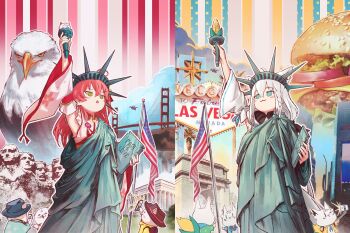 2girls 35p_(sakura_miko) :3 absurdres ahoge american_flag animal_ears armpits bald_eagle bird black_hat blue_eyes blue_shirt blush braid brown_hat burger closed_mouth commentary corn detached_sleeves eagle english_commentary food fox_ears golden_gate_bridge green_eyes hair_between_eyes hat highres holding holding_phone hololive hyde_(tabakko) jitome long_hair long_sleeves multiple_girls no_pupils phone pink_hair real_world_location sakura_miko sakura_miko_(1st_costume) selfie_stick shirakami_fubuki shirakami_fubuki_(1st_costume) shirt statue_of_liberty times_square triangle_mouth united_states virtual_youtuber welcome_to_fabulous_las_vegas_sign white_hair white_sleeves yellow_shirt