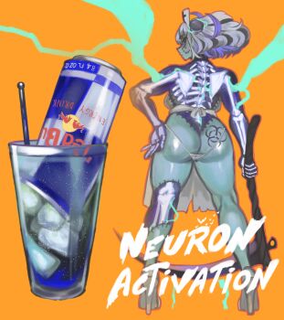 1girl absurdres alternate_costume apron ass ass_tattoo aura bare_legs bare_shoulders baroque_(keziedra) biohazard_symbol blonde_hair breasts can colored_inner_hair colored_skin cosplay cup drink drink_can electricity energy_drink english_text exposed_bone expressionless eyelashes food frankenstein&#039;s_monster frankenstein&#039;s_monster_(cosplay) from_behind full_body green_skin halloween_costume hand_on_own_hip high_heels highres holding holding_scythe keziedra looking_at_viewer looking_back marking_on_cheek mole mole_on_cheek mole_under_eye multicolored_hair nearly_naked_apron object_through_head orange_background original panties profile purple_hair red_bull screw_in_head scythe see-through_body shaved_ice short_hair sideways_glance skeleton soda_can solo standing stitched_face stitched_leg stitched_torso stitches tattoo two-tone_hair underwear white_apron white_panties zombification