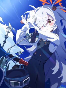 1girl adjusting_hair blue_archive blush brown_eyes dress eyeball_hair_ornament grey_hair hair_ornament hair_over_one_eye halo helmet highres kanoe_(blue_archive) lamppost long_hair long_sleeves looking_at_viewer momokaz motor_vehicle motorcycle open_mouth orange_halo pinafore_dress scar scar_on_neck shirt sleeveless sleeveless_dress solo two_side_up very_long_hair white_shirt