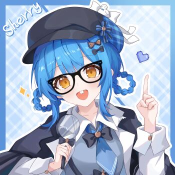 1girl absurdres bespectacled black_bow black_cape blue_background blue_border blue_hair blue_necktie border bow buck_teeth cape character_name deerstalker glasses grey_vest hair_bow hair_rings hat heart highres holding holding_magnifying_glass long_sleeves looking_at_viewer magnifying_glass mahou_shoujo_no_majo_saiban necktie nerd_emoji open_mouth outline plaid_background pointing pointing_up shirt short_hair short_necktie sidelocks smile solo sparkle tachibana_sherry teeth upper_body vest white_shirt xiongji_z_z