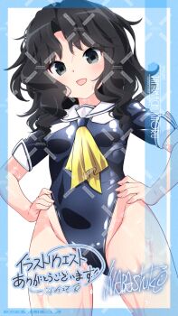 1girl adversarial_noise amagami artist_name black_eyes black_hair black_leotard character_name commission cowboy_shot highleg highleg_leotard highres inaba_shiki leotard long_hair looking_at_viewer messy_hair neckerchief pixiv_commission sailor_collar sailor_leotard solo tanamachi_kaoru watermark watermark_grid wavy_mouth wet white_sailor_collar yellow_neckerchief