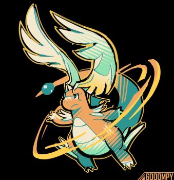 black_background claws closed_mouth colored_skin dragon dragonite feathered_wings full_body gen_1_pokemon gooompy green_eyes head_wings highres horns leg_wings mega_dragonite mega_pokemon nintendo no_humans orange_skin pokemon pokemon_(creature) pokemon_focus simple_background single_horn solo tail wings