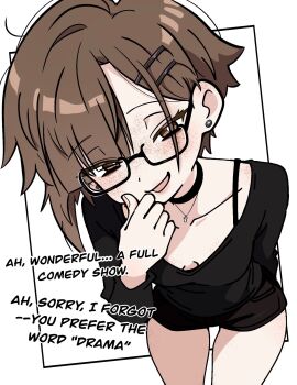 1girl asami-chan black-framed_eyewear body_freckles breasts brown_eyes brown_hair collarbone commentary cowboy_shot cross cross_necklace earrings english_text freckles hair_ornament hairclip highres hozuki_asami_(asami-chan) jewelry leaning_forward necklace open_mouth original short_hair small_breasts smile solo standing symbol-only_commentary white_background