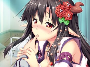 1girl black_hair blush brown_eyes bad_tag erect! euphoria_trinity game_cg horns long_hair piromizu pointy_ears