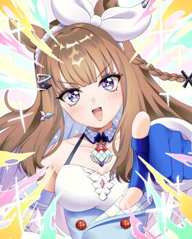 1girl :d absurdres almond_eye_(umamusume) animal_ears bare_shoulders blue_eyes blue_gloves breasts brown_hair colorful_background commentary_request fingerless_gloves gloves hair_ornament hairclip highres horse_ears horse_girl long_hair open_mouth pointing pointing_at_viewer simple_background smile solo star_(symbol) star_in_eye symbol_in_eye tawashi_hechima umamusume upper_body