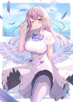 1girl angel_wings aya-cis blue_archive blue_bow blush bow breasts buttons capelet closed_mouth crescent double-breasted falling_feathers feathered_wings feathers gold_trim halo highres large_breasts long_hair looking_at_viewer low_wings mika_(blue_archive) one_eye_closed pantyhose pink_eyes pink_hair pink_halo smile solo underbust very_long_hair white_capelet white_overskirt white_pantyhose white_wings wings