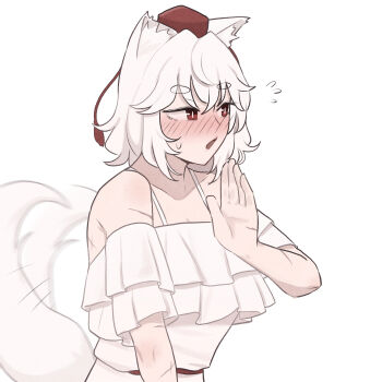 1girl alternate_costume animal_ear_fluff animal_ears blush commentary dress embarrassed english_commentary flying_sweatdrops hat highres inubashiri_momiji mata_(matasoup) open_mouth red_eyes red_hat simple_background solo sweatdrop tail tail_wagging tokin_hat touhou white_background white_dress wolf_ears wolf_tail