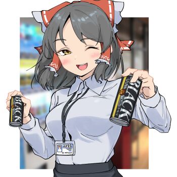 Rule 34 | 1girl, black hair, blurry, blurry background, blush, border, bow, breasts, can, canned coffee, collared shirt, commentary request, cookie (touhou), drink can, frilled bow, frilled hair tubes, frills, grey shirt, hair bow, hair tubes, hakurei reimu, highres, id card, long sleeves, looking at viewer, manatsu no yo no inmu, medium breasts, office lady, one eye closed, open mouth, outside border, red bow, remote controller 4, sananana (cookie), shirt, shirt tucked in, short hair, sidelocks, smile, solo, takuya (acceed), touhou, upper body, white border, yellow eyes