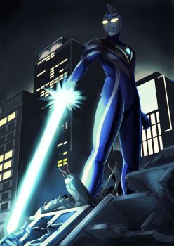 1boy agul_blade agul_saber alien arm_at_side armor black_sky blue_gem blue_skin breastplate building city city_lights cityscape color_timer colored_skin commentary compound_eyes dorsal_fin doukesi969 energy_blade energy_sword feet_out_of_frame forehead_jewel from_below gem giant giant_male glowing glowing_blade glowing_eyes gold_trim gradient_eyes highres looking_ahead multicolored_eyes multicolored_skin night no_pupils outdoors pectorals rubble silver_skin sky solo standing sword tokusatsu toned toned_male two-tone_skin ultra_series ultraman_agul ultraman_agul_(v2) ultraman_gaia_(series) weapon white_eyes yellow_eyes