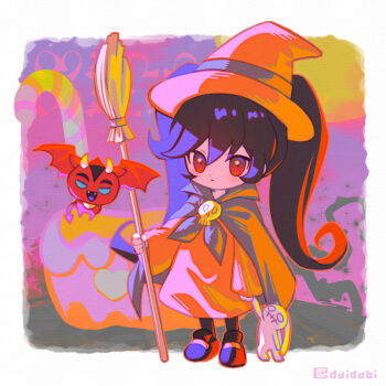 1girl ashley_(warioware) black_hair broom candy candy_cane cape child commentary creature d_omm dress food grey_cape hair_between_eyes halloween hat holding holding_broom holding_stuffed_toy horns long_dress long_hair long_sleeves looking_at_viewer nintendo orange_dress orange_hat red_(warioware) red_eyes standing stuffed_animal stuffed_toy twintails warioware wings witch_hat