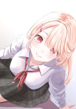 1girl absurdres artist_name black_bra blonde_hair blurry bra bra_visible_through_clothes breasts closed_mouth collarbone collared_shirt commentary_request dated depth_of_field fluno foreshortening green_skirt hair_ornament hairclip highres large_breasts long_hair long_sleeves looking_at_viewer looking_up neck_ribbon original pleated_skirt red_eyes red_ribbon ribbon see-through_clothes shirt skirt smile solo swept_bangs underwear white_shirt