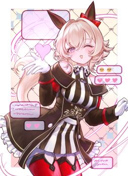 1girl animal_ears bare_shoulders blush bow breasts chenchen coat commentary_request curren_chan_(fille_eclair)_(umamusume) curren_chan_(umamusume) dress ear_bow ear_covers emoji gloves grey_hair hair_between_eyes heart highres horse_ears horse_girl horse_tail long_sleeves looking_at_viewer medium_breasts off-shoulder_coat off-shoulder_dress off-shoulder_jacket off_shoulder one_eye_closed open_mouth purple_eyes red_bow red_thighhighs short_hair smile solo striped_clothes striped_dress tail thighhighs umamusume vertical-striped_clothes vertical-striped_dress white_gloves