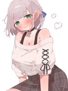 1girl absurdres breasts brown_skirt cleavage closed_mouth commentary green_eyes grey_hair heart highres hololive large_breasts looking_at_viewer medium_hair official_alternate_costume shirogane_noel shirogane_noel_(casual) shirt skirt solo symbol-only_commentary tepenchi virtual_youtuber white_background white_shirt