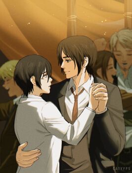 2girls 3boys armin_arlert artist_name black_jacket blonde_hair blurry blurry_background brown_hair catyyps closed_eyes collared_shirt couple dancing eren_yeager facial_scar hair_between_eyes hand_on_another's_back hetero highres holding_hands jacket laughing light_smile looking_at_another mikasa_ackerman multiple_boys multiple_girls necktie open_mouth parted_bangs parted_lips red_necktie scar scar_on_cheek scar_on_face shingeki_no_kyojin shirt short_hair suit_jacket upper_body white_jacket white_shirt