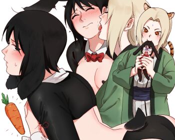 2girls animal_ears biting black_eyes black_hair black_shrug blonde_hair blush bow bowtie breasts brown_eyes carrot chibi commentary_request facial_mark forehead_mark green_haori haori heart_pasties highres holding holding_mini_person japanese_clothes kemonomimi_mode korean_commentary licking licking_another&#039;s_cheek licking_another&#039;s_face may_c mini_person multiple_girls naruto_(series) pasties rabbit_ears rabbit_girl rabbit_tail raised_inner_eyebrows red_bow red_bowtie red_nails reverse_bunnysuit reverse_outfit saliva shizune_(naruto) shrug_(clothing) signature small_breasts sweatdrop tail tiger_ears tiger_girl tiger_tail tongue tongue_out tsunade_(naruto) yuri