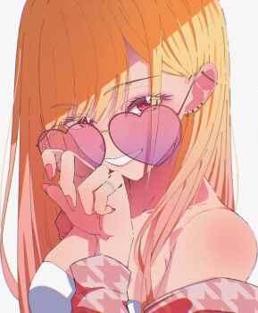 Rule 34 | 1girl, absurdres, adjusting eyewear, bandeau, barbell piercing, bare shoulders, bespectacled, blonde hair, blush, breasts, commentary request, ear piercing, fake nails, ganetto29, glasses, grin, gyaru, hair behind ear, hand on eyewear, heart, heart-shaped eyewear, heart-shaped pupils, highres, industrial piercing, jewelry, kitagawa marin, long hair, looking at viewer, multicolored hair, off shoulder, open mouth, piercing, pink shirt, purple-tinted eyewear, red eyes, ring, shirt, smile, solo, sono bisque doll wa koi wo suru, sunglasses, swept bangs, symbol-shaped pupils, teeth, tinted eyewear, white bandeau