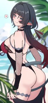 1girl animal_ears ass beach black_hair black_one-piece_swimsuit breasts commentary_request detached_sleeves fishnet_sleeves fishnets from_side green_eyes heart highres jane_doe_(nocturne_of_light)_(zenless_zone_zero) jane_doe_(zenless_zone_zero) large_breasts licking_lips mouse_ears mouse_girl mouse_tail multicolored_hair ocean official_alternate_costume one-piece_swimsuit red_hair ruaruayana solo spoken_heart swimsuit tail tongue tongue_out two-tone_hair zenless_zone_zero