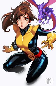 1girl artist_name belt bodysuit breasts brown_eyes brown_hair dragon gloves highres kitty_pryde lockheed long_hair maebiel marvel medium_breasts ponytail superhero_costume x-men yellow_eyes yellow_gloves