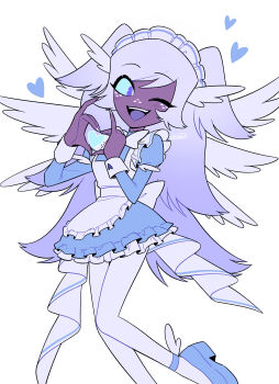 1girl ;d absurdres alternate_costume apron back_bow blue_dress blue_sclera blue_shoes bow breasts colored_sclera colored_tongue commentary_request dark-skinned_female dark_skin dress emily_(hazbin_hotel) enmaided flipped_hair foot_out_of_frame freckles frilled_apron frilled_dress frills gradient_hair grey_hair hair_between_eyes hands_up hazbin_hotel headdress heart heart_hands heart_in_heart_hands hellaverse highres juliet_sleeves knees_together_feet_apart long_hair long_sleeves looking_at_viewer low_wings maid maid_apron maid_headdress menma_(enaic31) multicolored_hair multiple_wings nail_polish one_eye_closed open_mouth pantyhose petticoat pinky_out puffy_sleeves purple_eyes purple_hair purple_tongue shoes short_dress signature simple_background sleeve_cuffs small_breasts smile solo teeth tongue two-tone_hair two_side_up upper_teeth_only very_long_hair white_apron white_background white_bow white_headdress white_nails white_pantyhose white_wings wings