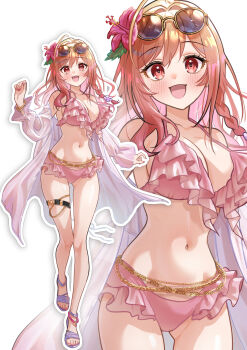 1girl absurdres ahoge azusamaru bikini bracelet braid breasts eyewear_on_head flower hair_flower hair_ornament hashtag-only_commentary highres hololive hololive_dev_is ichijou_ririka jacket jewelry large_breasts long_hair navel orange_eyes orange_hair pink_bikini pink_nails purple_sandals sandals see-through_clothes see-through_jacket side_braid sunglasses swimsuit thigh_strap virtual_youtuber