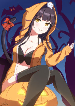1girl absurdres animal animal_hood asakura_karen_(heaven_burns_red) bare_tree bat_(animal) black_bra black_hair black_thighhighs blunt_bangs blush bow bra breasts brown_eyes cat_tail cleavage closed_mouth collarbone commentary_request halloween hand_up heaven_burns_red highres hood hood_up hooded_jacket hoodie jack-o'-lantern jacket large_breasts long_hair long_sleeves looking_at_viewer medium_breasts night on_head open_clothes open_hoodie open_jacket orange_hoodie orange_jacket outdoors pumpkin red_bow ribbon sitting sleeves_past_wrists smile solo suimei_(ramebi3) tail tail_bow tail_ornament tail_ribbon thighhighs tree underwear yellow_eyes