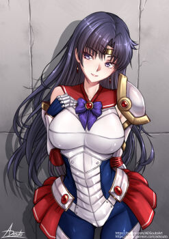 1girl adapted_costume adsouto armor bishoujo_senshi_sailor_moon black_hair bow bowtie breasts brooch circlet gem highres hino_rei jewelry lips long_hair medium_breasts miniskirt pleated_skirt purple_bow purple_bowtie purple_eyes red_gemstone red_sailor_collar red_skirt sailor_collar sailor_mars shoulder_guard showgirl_skirt skirt smile solo