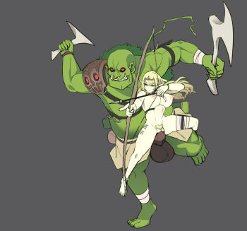 1boy 1girl archery arrow_(projectile) axe blonde_hair blue_eyes bone_weapon bow_(weapon) breasts colored_skin drawing_bow elf erection fanny_packing female_pubic_hair green_skin grey_background hetero holding holding_bow_(weapon) holding_weapon jewelry large_penis large_testicles long_hair long_pointy_ears navel nipples nude orc original penis pointy_ears pubic_hair riding sex simple_background stomach_bulge tally teamwork testicles tiara tusks ukavonnak weapon