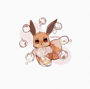 :3 animal_ears animal_nose artist_name brown_fur chinese_commentary closed_mouth commentary_request croissant eevee film_grain food fox_ears fox_tail full_body gen_1_pokemon halftone halftone_background highres hightguy looking_at_viewer neck_fur nintendo no_humans pokemon pokemon_(creature) simple_background solo tail water_drop white_background white_fur