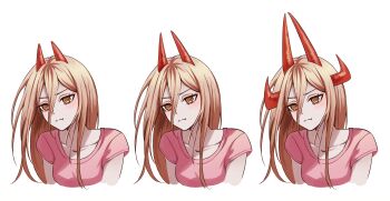 1girl absurdres blonde_hair chainsaw_man closed_mouth demon_girl demon_horns hair_between_eyes highres horns kiring_(pixiv_69139213) long_hair long_hair_between_eyes multiple_horns multiple_views orange_eyes pink_shirt power_(chainsaw_man) red_horns shirt white_background