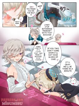 ... 1girl 2boys 4koma animal_ear_fluff animal_ears bare_shoulders blonde_hair blush brothers cat_ears cat_girl cat_tail comic cup detached_sleeves english_text fellatio fingerless_gloves freckles freminet_(genshin_impact) genshin_impact gloves grey_hair grey_thighhighs hair_over_one_eye hand_on_another's_head hat heart highres incest lynette_(genshin_impact) lyney_(genshin_impact) misumisu multiple_boys open_mouth oral patreon_username penis purple_eyes saliva siblings speech_bubble star_(symbol) star_tattoo stealth_fellatio stealth_sex tail tattoo tea teacup teapot testicles thighhighs trap trap_on_trap trembling uncensored yaoi