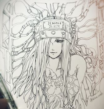 1girl art_tools_in_frame artist&#039;s_hand_in_frame brain breasts cable collarbone commentary_request exposed_brain final_fantasy final_fantasy_vii greyscale hair_over_one_eye helmet highres jenova long_hair medium_breasts monochrome photo_(medium) ruka_(blueplus84) solo traditional_media twitter_username