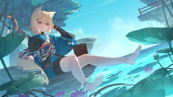 1girl aekun_cben animal_ears anklet arm_behind_head barefoot bell black_skirt blonde_hair blue_kimono blue_sky boots closed_mouth cloud commentary_request day detached_sleeves dutch_angle fox_ears fox_girl fox_tail hand_up highres horizon japanese_clothes jewelry kimono lace-up_boots layered_sleeves long_sleeves looking_at_viewer original outdoors pleated_skirt purple_eyes railing short_hair sitting skirt sky smile soles solo staff tail unworn_boots water