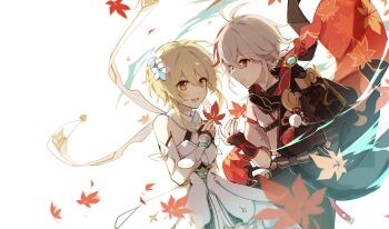 Rule 34 | 1boy, 1girl, :d, anemo symbol (genshin impact), antenna hair, armor, bandaged hand, bandages, bare shoulders, blonde hair, cape, closed mouth, crossed bangs, detached sleeves, dress, fingerless gloves, flower, genshin impact, gloves, hair between eyes, hair flower, hair ornament, highres, holding, holding leaf, huhu norii, japanese armor, japanese clothes, kaedehara kazuha, kimono, leaf, leaf print, lumine (genshin impact), maple leaf, maple leaf print, multicolored hair, open mouth, pom pom (clothes), red eyes, red leaf, red streaks, short hair with long locks, shoulder armor, single sode, smile, sode, streaked hair, tassel, vision (genshin impact), white background, white cape, white hair, white sleeves, yellow eyes