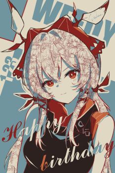 Rule 34 | 1girl, absurdres, arknights, black dress, character name, commentary request, diamond-shaped pupils, diamond (shape), double exposure, dress, english text, hair between eyes, happy birthday, highres, limited palette, long hair, looking at viewer, low-tied long hair, red eyes, shi-zhen, signature, solo, symbol-shaped pupils, upper body, weedy (arknights), white hair