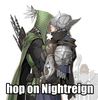 3boys absurdres animal_head armor arrow_(projectile) black_gloves blush brown_gloves cape commentary elden_ring elden_ring_nightreign english_commentary gloves green_cape green_hood guardian_(elden_ring) halberd helmet highres holding holding_polearm holding_weapon hood hood_up hop_on_among_us_(meme) ironeye_(elden_ring) kiss male_focus meme multiple_boys pauldrons polearm quiver shoulder_armor simple_background tecchen upper_body weapon white_background wylder_(elden_ring) yaoi