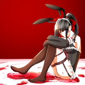 1girl animal_ears bare_shoulders black_eyes black_hair black_thighhighs boa_sorte breasts crossed_arms fake_animal_ears feet female_focus fishnet_thighhighs fishnets highres large_breasts long_hair looking_at_viewer monkey narberal_gamma necktie overlord_(maruyama) playboy_bunny rabbit_ears rabbit_girl sitting solo thighhighs