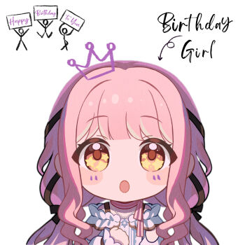 1girl :o arm_cutout arrow_(symbol) artist_request bare_shoulders bead_necklace beads birthday black_bow black_ribbon blunt_bangs blush_stickers bow bow_choker bowtie bra_strap brown_eyes buttons center_frills chibi choker clenched_hand clothing_cutout commentary drawn_crown english_commentary english_text eyelashes frilled_shirt frilled_sleeves frills hair_bow hair_ribbon hand_on_own_chest happy_birthday highres holding holding_sign infinity_nikki jewelry long_hair long_sidelocks long_sleeves looking_at_viewer low_twintails necklace nikki_(nikki) nikki_(series) off-shoulder_shirt off_shoulder official_art open_mouth perfect_start_(infinity_nikki) pink_bow pink_bowtie pink_choker pink_hair puffy_long_sleeves puffy_sleeves ribbon second-party_source shirt sidelocks sign simple_background sleeves_past_wrists snowflakes solo star_(symbol) star_in_eye star_necklace stick_figure straight-on striped_bow striped_bowtie striped_choker striped_clothes surprised symbol_in_eye tareme tress_ribbon twintails upper_body very_long_hair wavy_hair white_background white_shirt