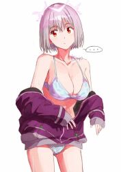 Rule 34 | ..., 1girl, bikini, breasts, cleavage, collarbone, commentary, cowboy shot, gridman universe, halo, jacket, large breasts, long sleeves, looking to the side, off shoulder, pink hair, purple jacket, red eyes, risyo, shinjou akane, short hair, signature, solo, speech bubble, ssss.gridman, swimsuit, symbol-only commentary, wet, white background, white bikini