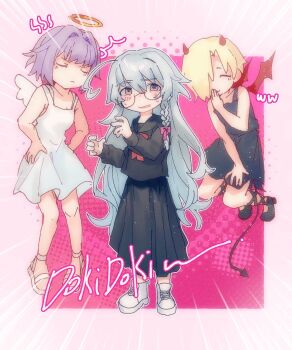 3girls ahoge angel angel_and_devil angel_wings angry bare_shoulders bespectacled black_dress black_sailor_collar black_serafuku black_shoes blonde_hair blush braid closed_eyes commentary demon_girl demon_horns demon_tail demon_wings dress english_text feathered_wings glasses glowing glowing_halo grey_eyes grey_hair hair_intakes hair_over_one_eye hair_ribbon halo hand_to_own_mouth hands_on_own_hips horns hoshi_syoko huge_ahoge idolmaster idolmaster_cinderella_girls kawaii_boku_to_142&#039;s_(idolmaster) kominami_abc koshimizu_sachiko laughing long_hair looking_at_viewer mini_wings multiple_girls neckerchief nervous_smile pink_background pleated_dress purple_hair red_horns red_neckerchief ribbon sailor_collar sailor_shirt sandals school_uniform serafuku shirasaka_koume shirt shoes short_hair single_braid smile spoken_www surprised symbol-only_commentary tail traditional_halo two-tone_background white_dress white_shoes white_wings wings yellow_halo