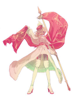 Rule 34 | 1girl, beret, blonde hair, boots, capelet, clair's wish (miracle nikki), coat, commentary request, dot nose, dress, epaulettes, flag, full body, fur-trimmed boots, fur-trimmed capelet, fur-trimmed coat, fur-trimmed dress, fur trim, gloves, grey pantyhose, hair between eyes, hair bun, happy, hat, hat feather, high heel boots, high heels, highres, holding, holding flag, long sidelocks, looking at viewer, military uniform, miracle nikki, nikki (series), one eye closed, open mouth, original, pantyhose, purple eyes, red hat, short dress, short hair with long locks, sidelocks, simple background, single epaulette, single side bun, smile, solo, standing, thigh boots, uro (uvxkf), wavy hair, white background, white boots, white capelet, white coat, white dress, white gloves