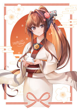 Rule 34 | 1girl, brown eyes, brown hair, cherry blossoms, flower, hair between eyes, hair flower, hair intakes, hair ornament, headgear, highres, japanese clothes, kantai collection, kimono, long hair, makina00, obi, ponytail, sash, sidelocks, smile, very long hair, wide sleeves, yamato (kancolle), yamato (new year) (kancolle)