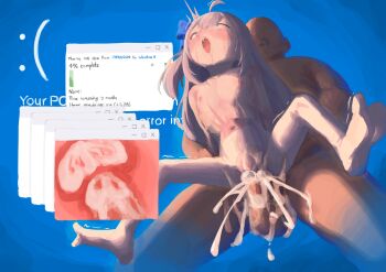 1boy 1girl ahoge blue_eyes blue_screen_of_death blush bow cross-section cum cum_in_pussy flat_chest hair_bow hetero highres loli long_hair madobe_ichika microsoft_windows navel nipples open_mouth os-tan pantyhose peachyp penis pussy reverse_suspended_congress rolling_eyes sex sex_from_behind spread_legs topless_female uterus vaginal white_hair white_pantyhose windows_11