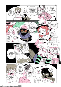 666 alternate_language baffy_(modern_mogal) comic demon_girl elf english_text goat_eyes goat_horns hat heart highres horns jacket limited_palette multiple_girls original patreon_username pentagram pointy_ears pouch round_eyewear shepherd0821 siblings sisters snorting speech_bubble spoken_heart striped_clothes striped_legwear striped_thighhighs thighhighs thought_bubble typo zoey_(modern_mogal)